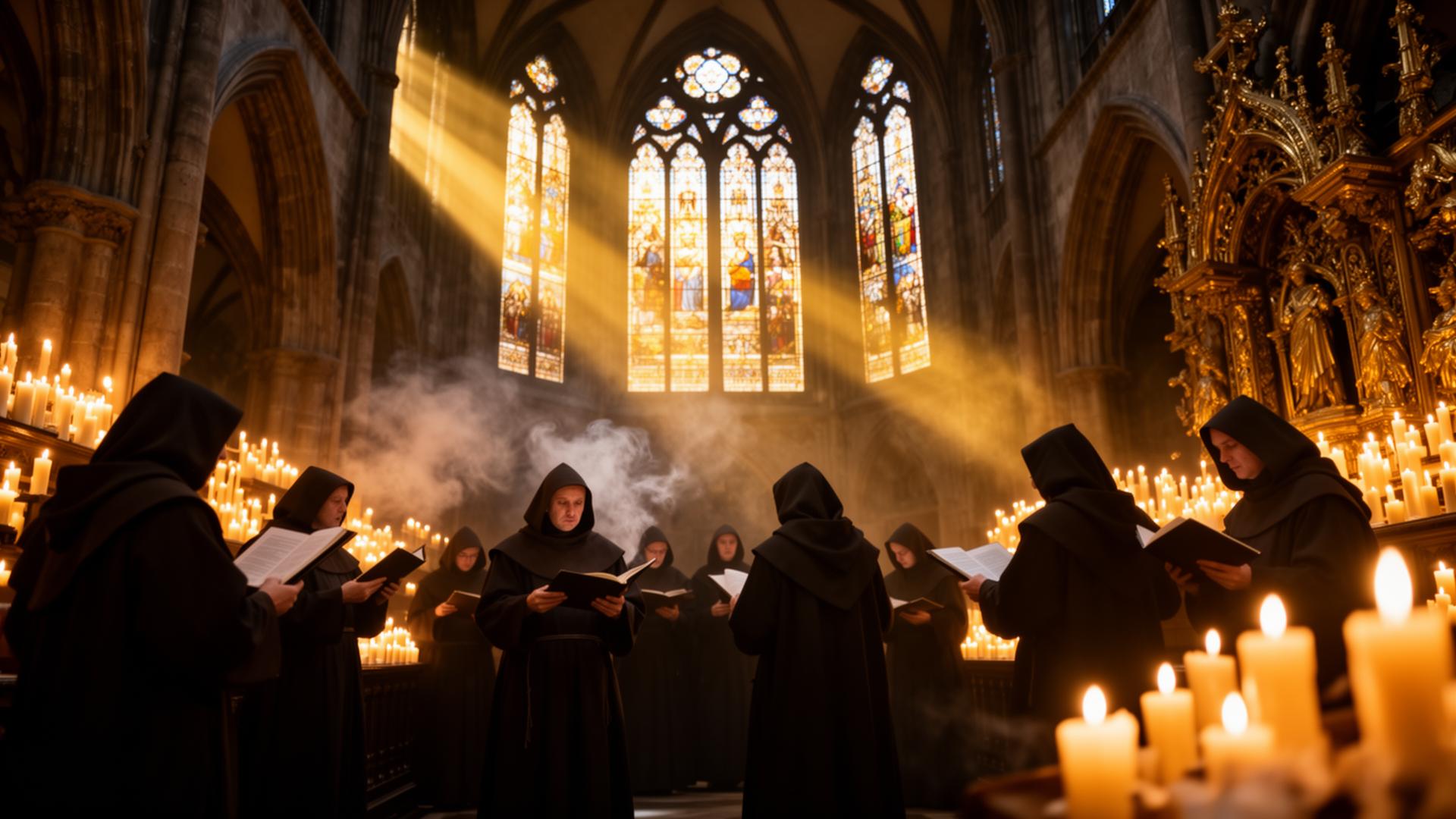Monks chanting in a candlelit gothic abbey with divine light streaming through stained glass windows