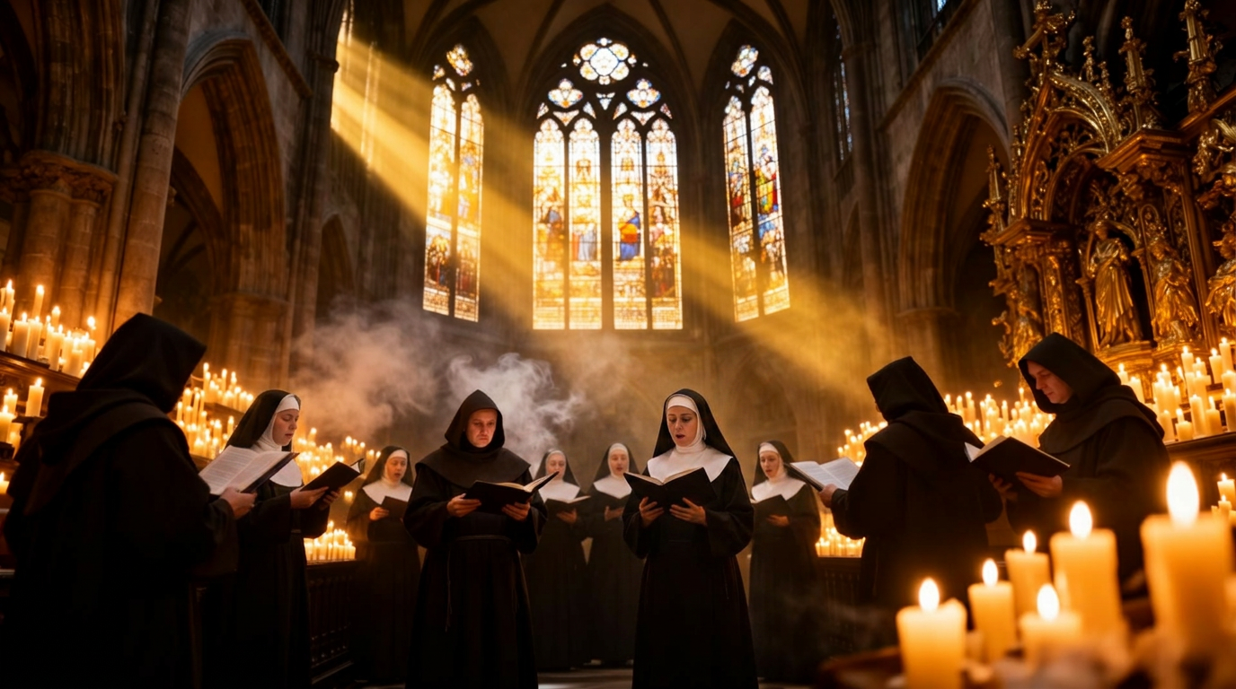 Monks chanting in a gothic abbey lit by candles with divine light through the stained glass windows